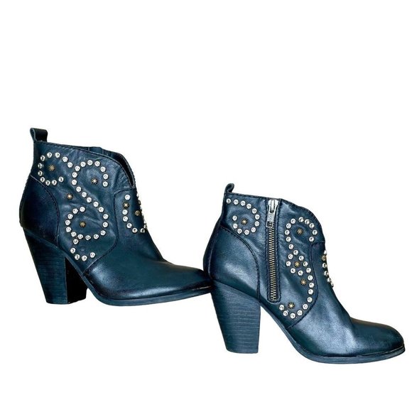 STEVE MADDEN Awsum Black Silver Studded Heeled Ankle Boho Leather Booties 6 - Picture 3 of 7